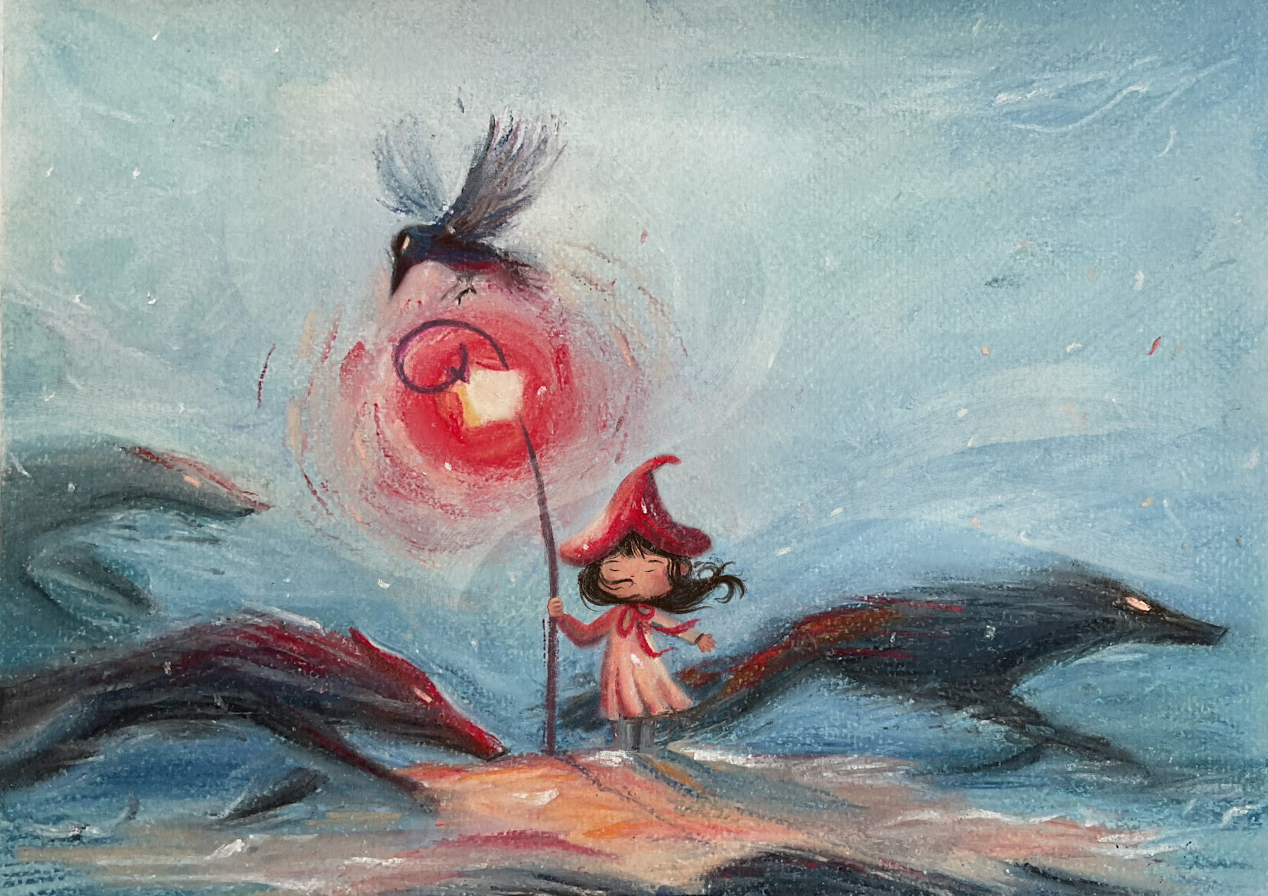 A young mage standing in the snow holding a red torch, surrounded by running wolves.