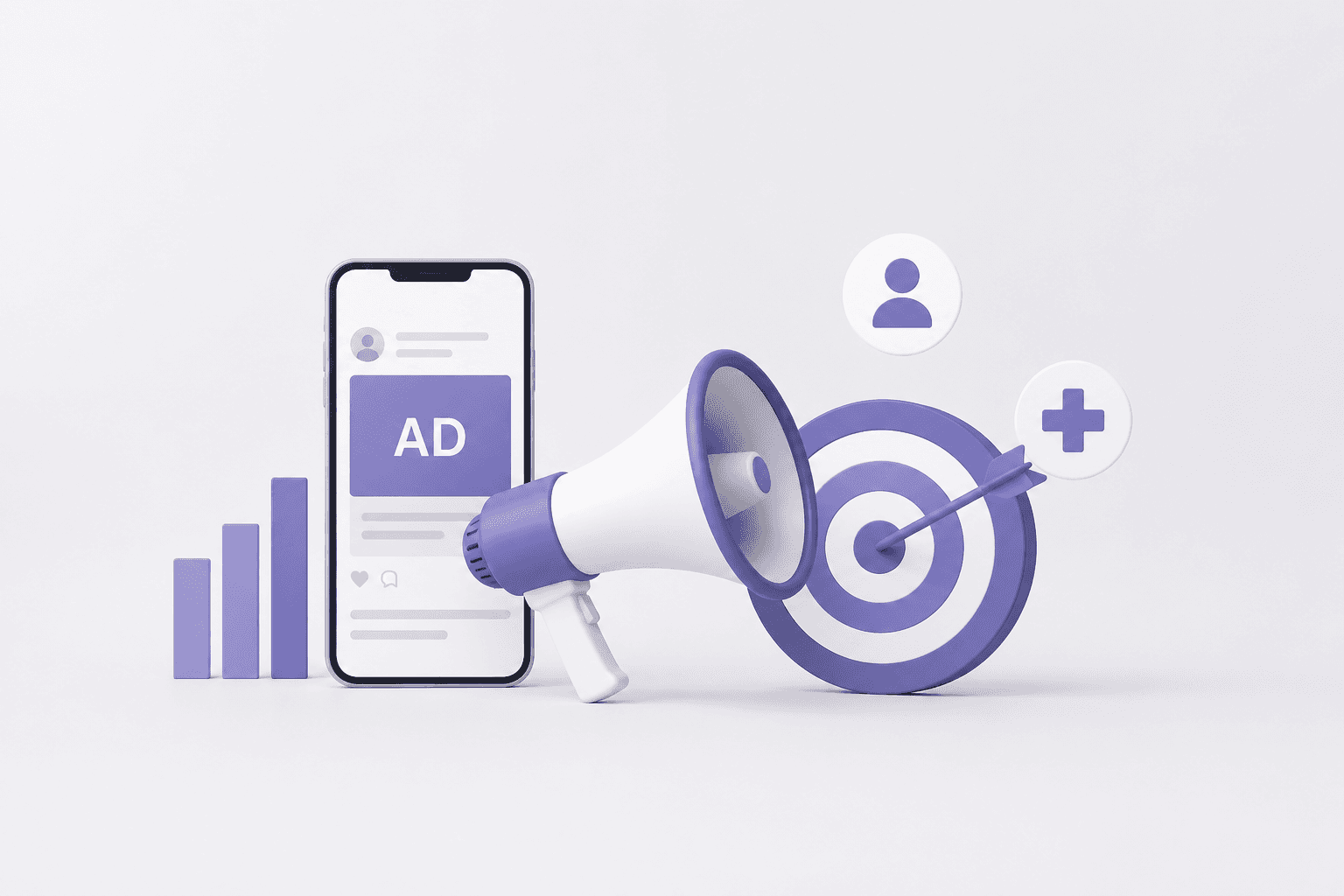 Healthcare marketing illustration with social media advertising, patient targeting, analytics, and digital healthcare discovery concepts in a modern purple 3D style