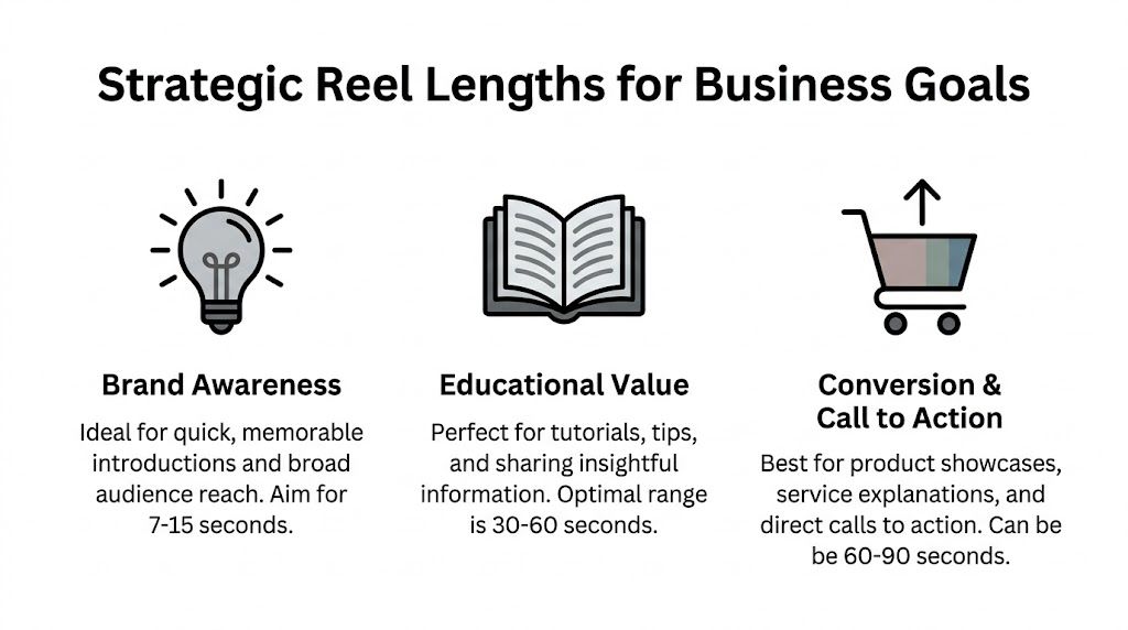 An infographic showing strategic Instagram reel lengths for brand awareness, educational value, and conversion business goals.