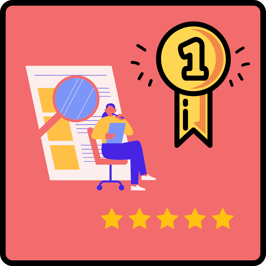 Visual shows a women doing research with 5 stars below her and a first place award above her.