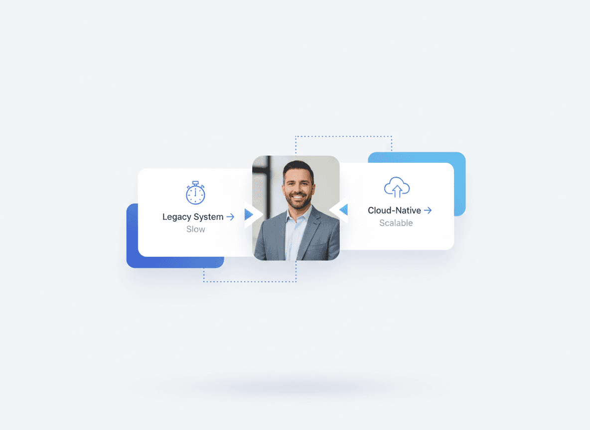 “Illustration of legacy to cloud-native modernization showing IT leader reviewing floating UI cards about system performance and scalability in an enterprise SaaS environment.”