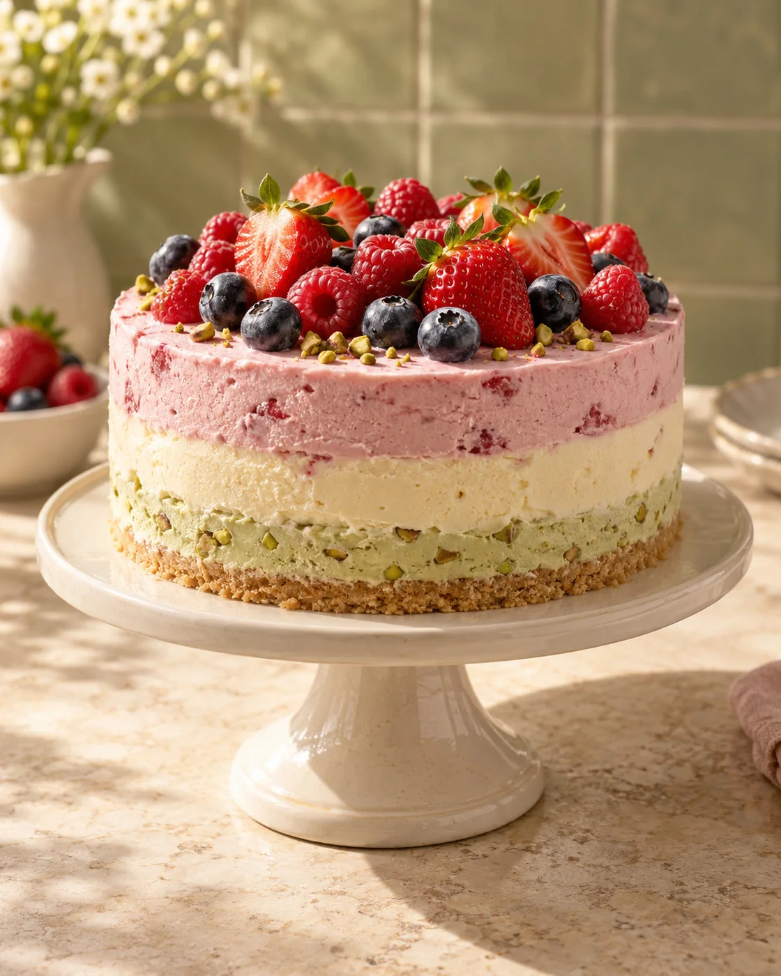 A layered gelato cake topped with fresh berries on a cake stand