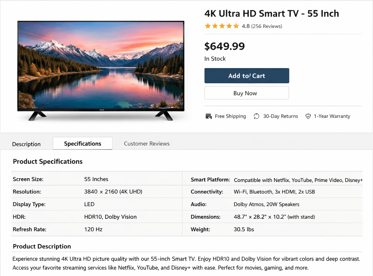 Ecommerce product page with detailed specifications, attributes, and product identifiers.