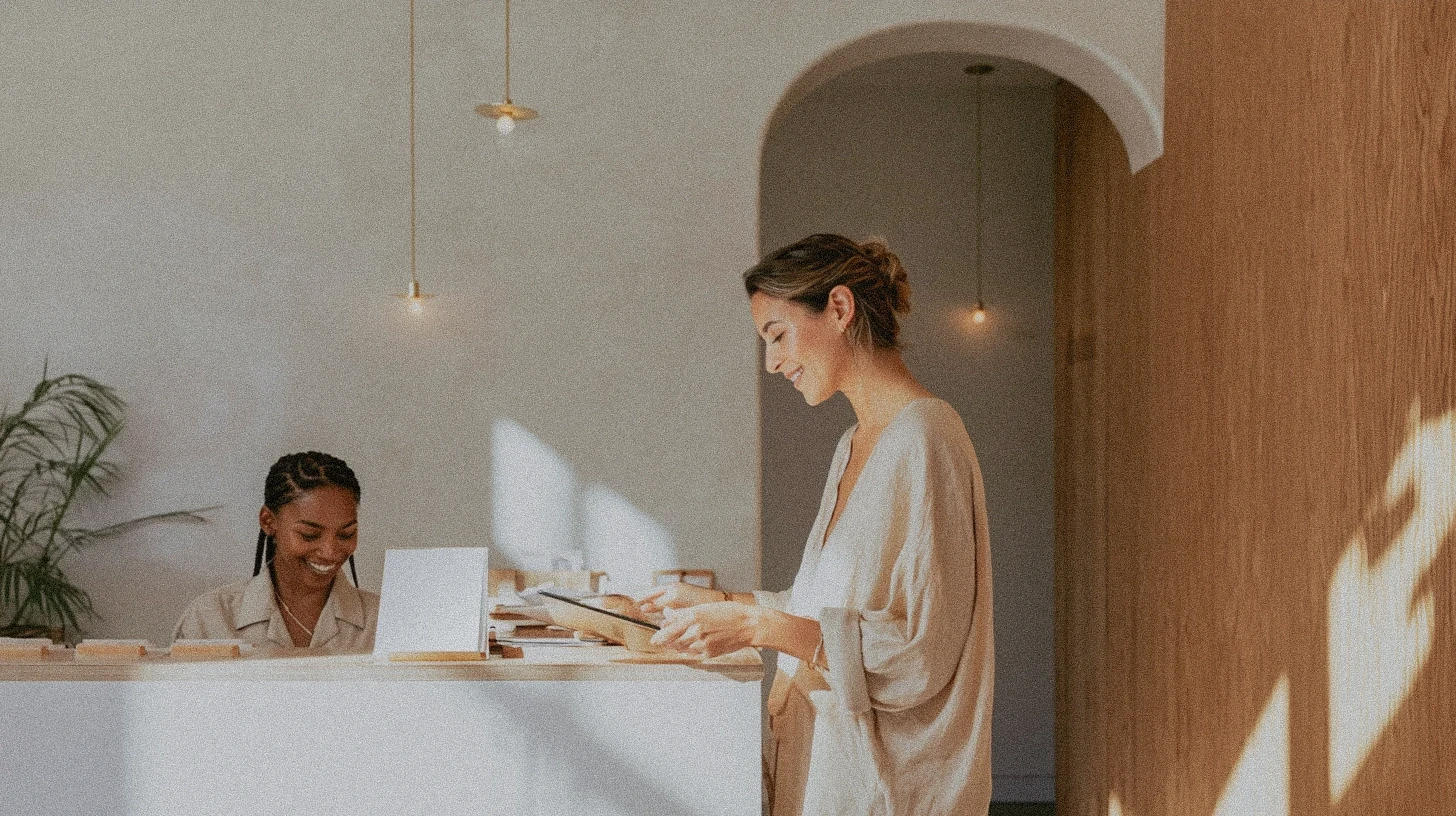 A smiling client checking in at a warmly lit reception desk while a staff member assists her, with the text 'Track 60+ biomarkers' overlaid.