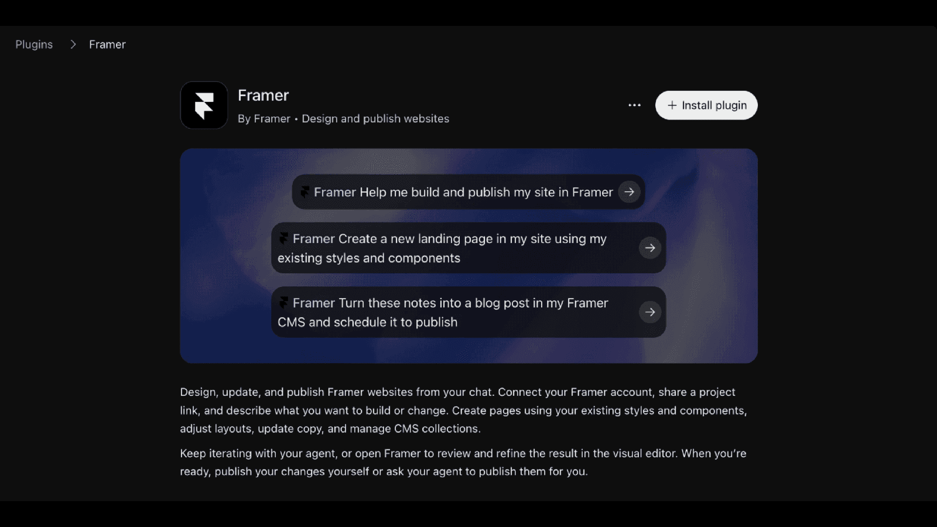 Framer plugin page in ChatGPT with an Install plugin button and example prompts for building pages and CMS posts