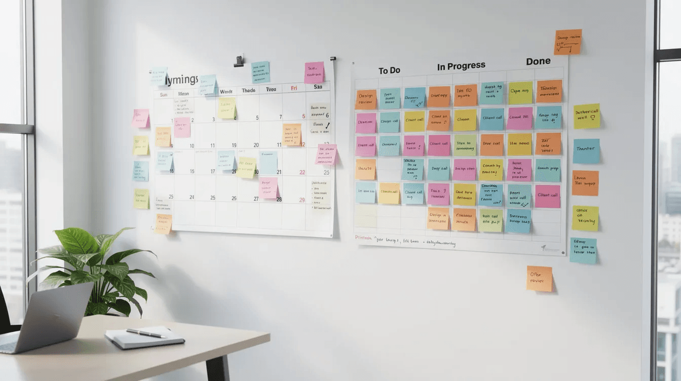 The image features a bright office environment showcasing a calendar and a project planning board adorned with colorful sticky notes, symbolizing organized web design and digital marketing projects. This setup reflects the creative execution and technical expertise of a leading web design agency focused on delivering high-performance websites.