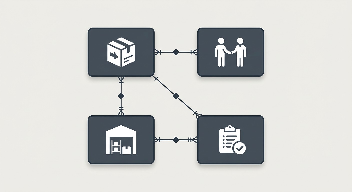 Illustration of an entity-relationship diagram with four connected boxes for products, suppliers, warehouses, and orders.