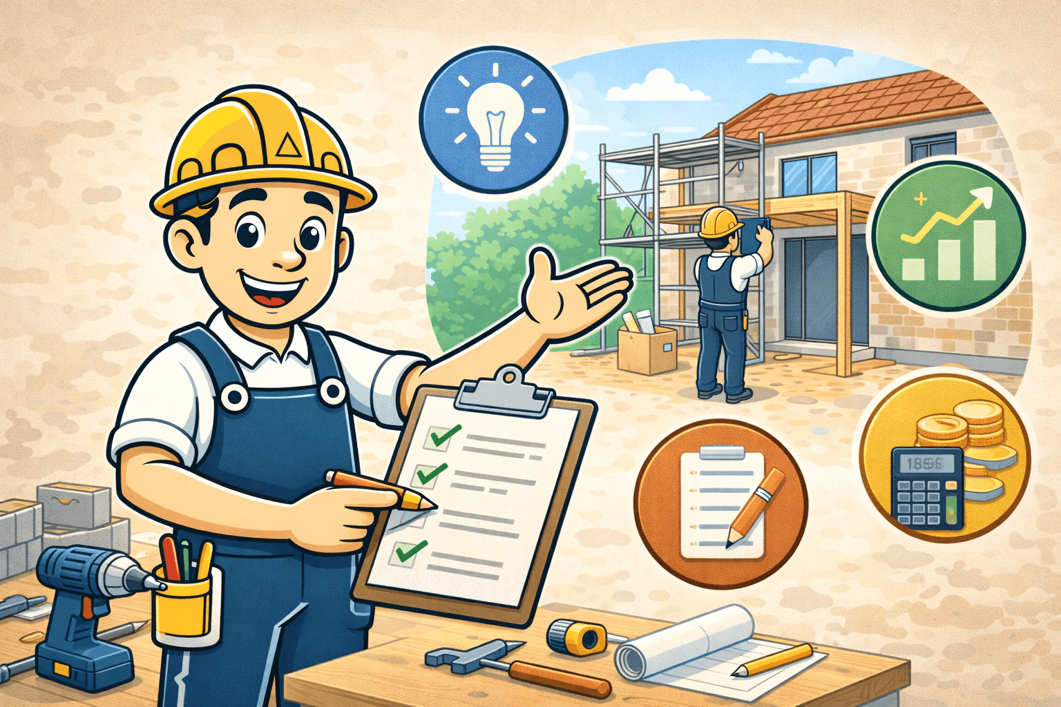 Illustration d’Alfred artisan avec casque jaune expliquant des conseils de rénovation devant une maison en travaux avec outils et matériaux.