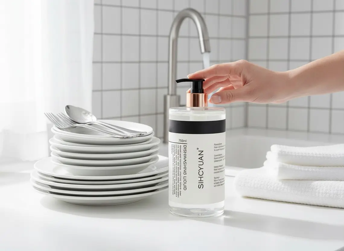 High-efficiency dishwashing liquid in clear bulk bottles for supermarket retail, supporting private label (OEM) and sustainable chemical solutions.