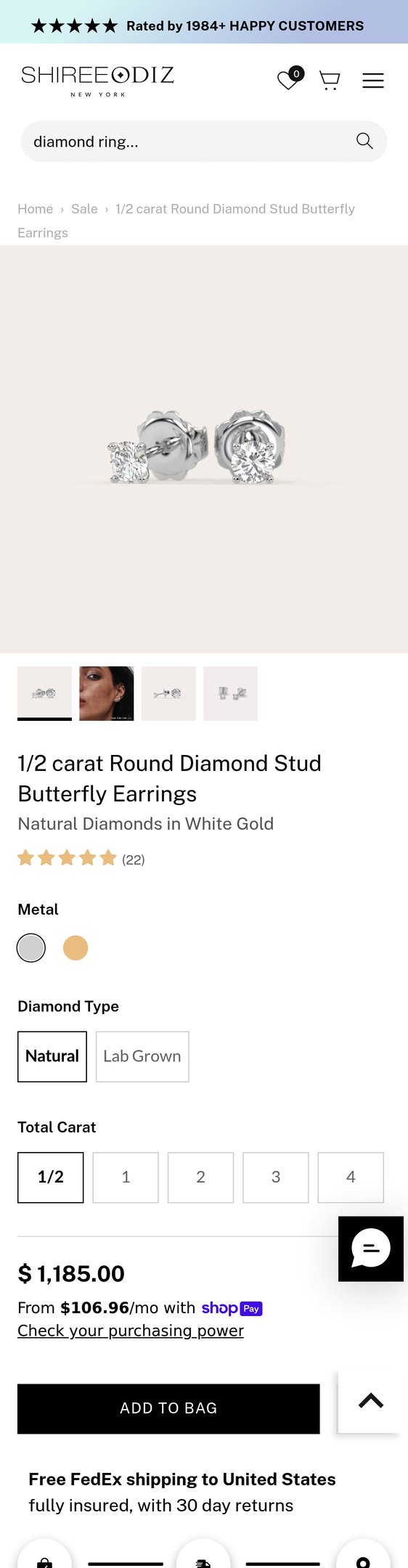 Jewelry product options include: earring for Butterfly Earrings | 1/2 Carat Round Diamond Studs for Women from Shiree Odiz.