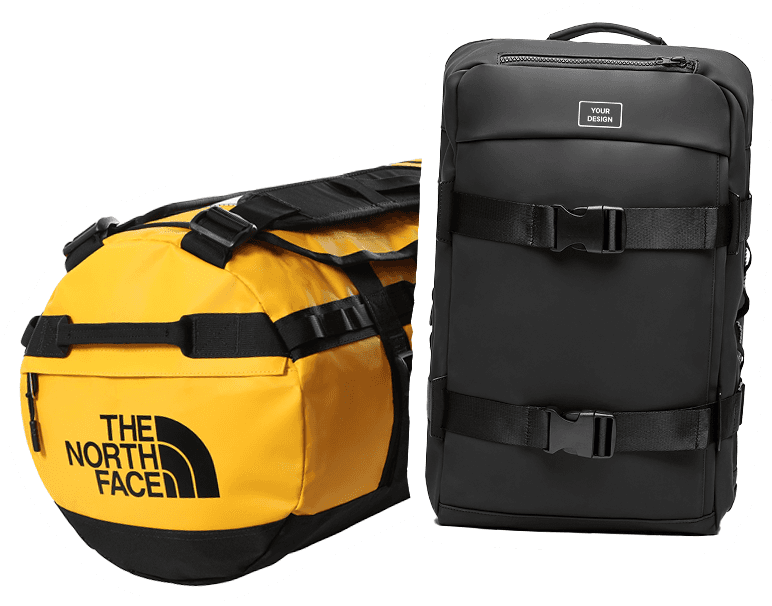 Two bags are pictured: a yellow duffel with black straps and logo on the left, and a sleek, black rectangular backpack with buckles on the right. The tone is functional and stylish.