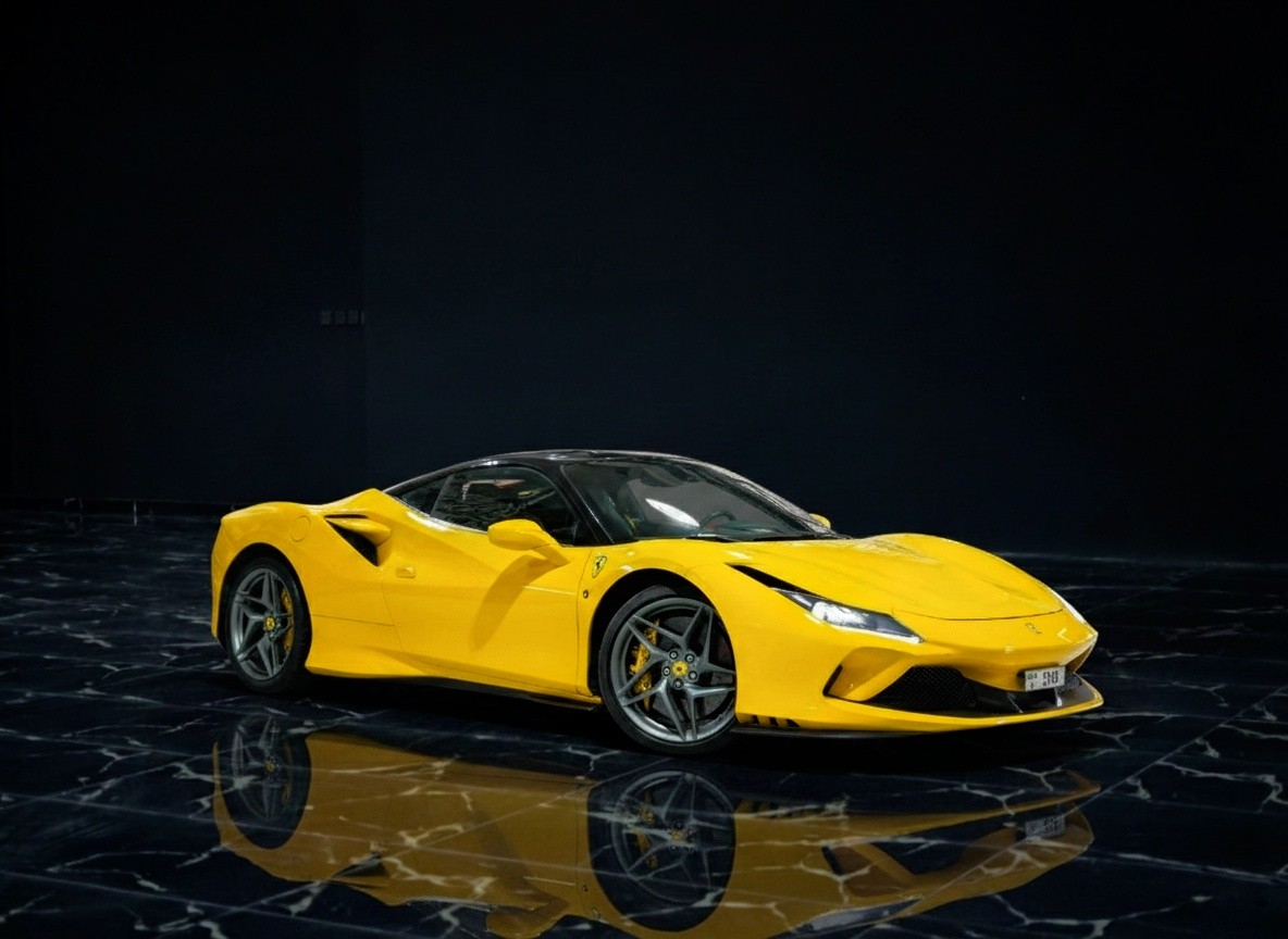 Yellow Ferrari F8 Tributo coupe for rent in Dubai by Queen of Supercar Rental, featuring a twin-turbo V8 and luxury supercar design.