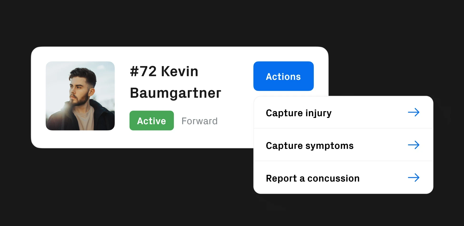 Player profile interface for #72 Kevin Baumgartner showing active status with injury monitoring options for tracking athlete health and performance.