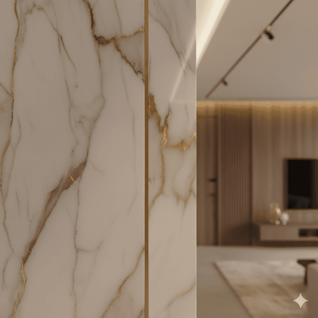 Close-up of premium Italian marble flooring and gold-leaf architectural details