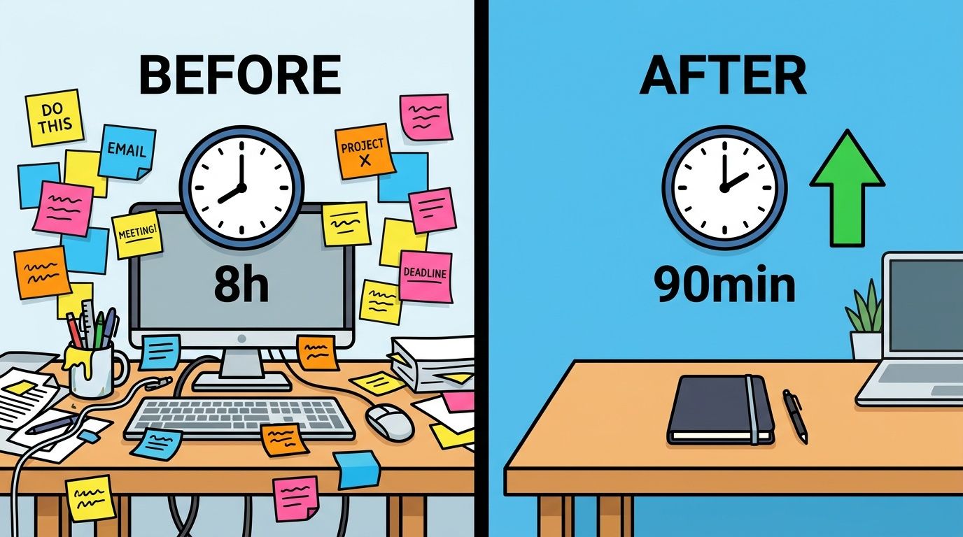 A split screen illustration comparing a chaotic desk taking 8 hours to a clean workspace requiring 90 minutes.