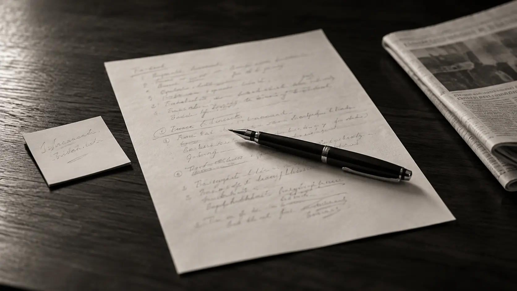 A handwritten pitch outline with a pen, a sticky note and a folded newspaper
