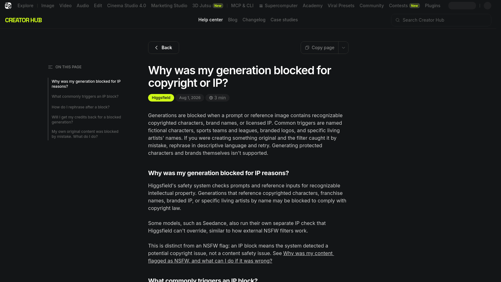 Higgsfield Creator Hub help center article explaining why AI generations are blocked for copyright or IP reasons.