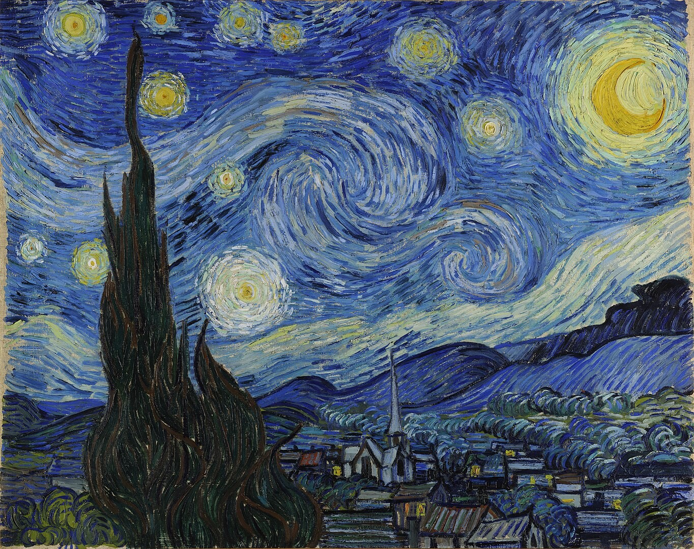 A closeup of the Starry Night painting by Vincent Van Gogh