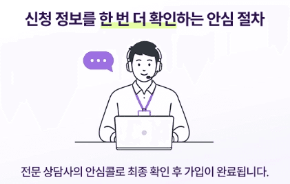 신청 정보 확인을 위한 상담사 안심콜 절차 안내입니다. 헤드셋을 쓴 상담원 일러스트와 함께 "전문 상담사의 안심콜로 최종 확인 후 가입이 완료됩니다"라는 안내 문구가 적혀 있습니다.