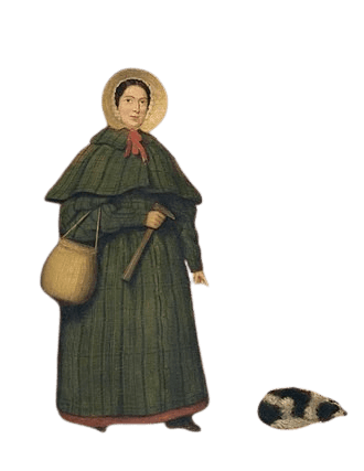 A 19th-century woman in a long green cloak and bonnet stands with a walking stick and a woven bag, with a small black-and-white cat curled up at her feet. The historical attire, rustic accessories, and feline companion evoke a rural or working-class setting, symbolizing simplicity and traditional lifestyle.