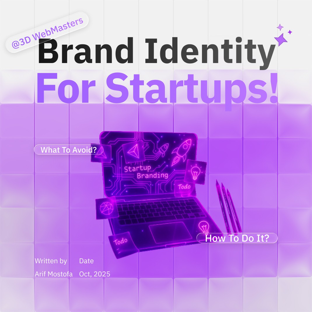 Brand identity for startups hero image showing a neon laptop and planning icons, created for a 3D WebMasters blog post.