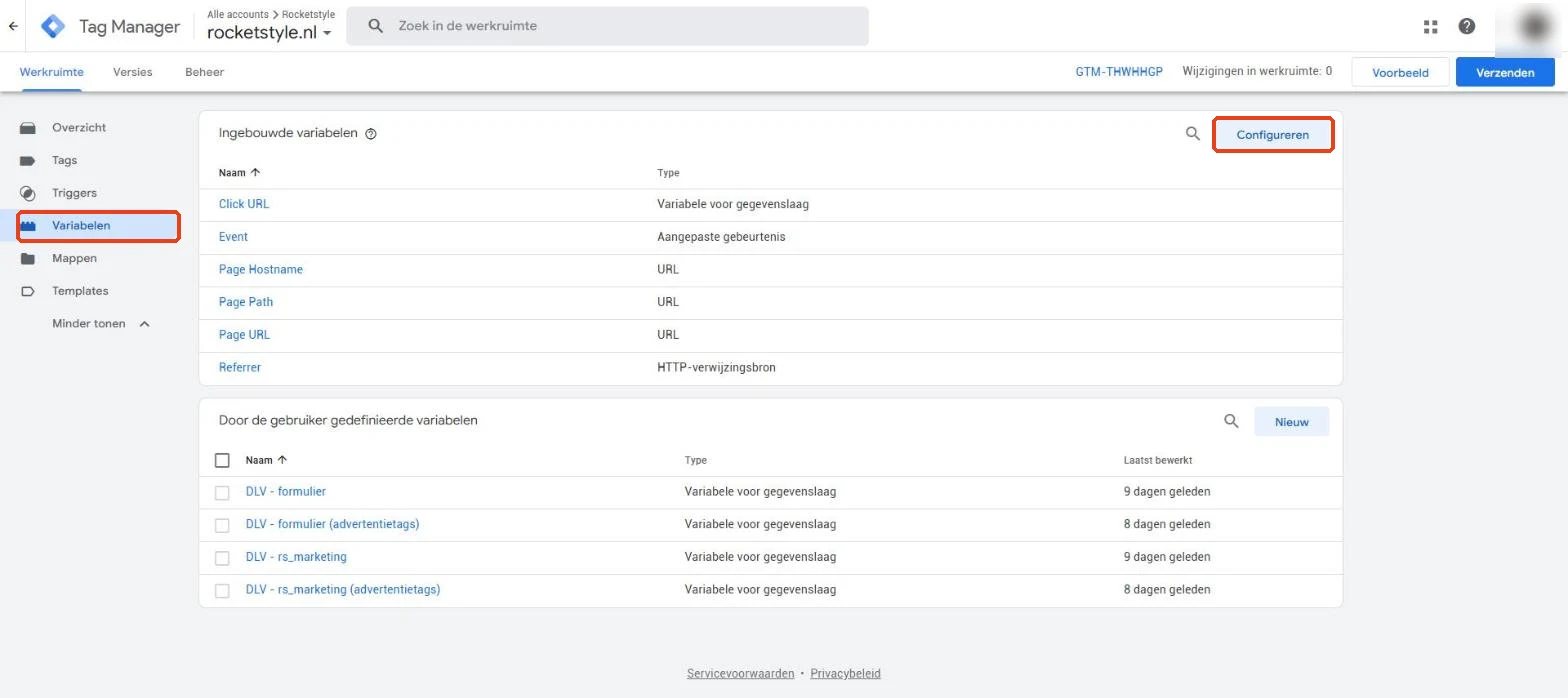Tag Manager: Variabelen met de knop Configureren