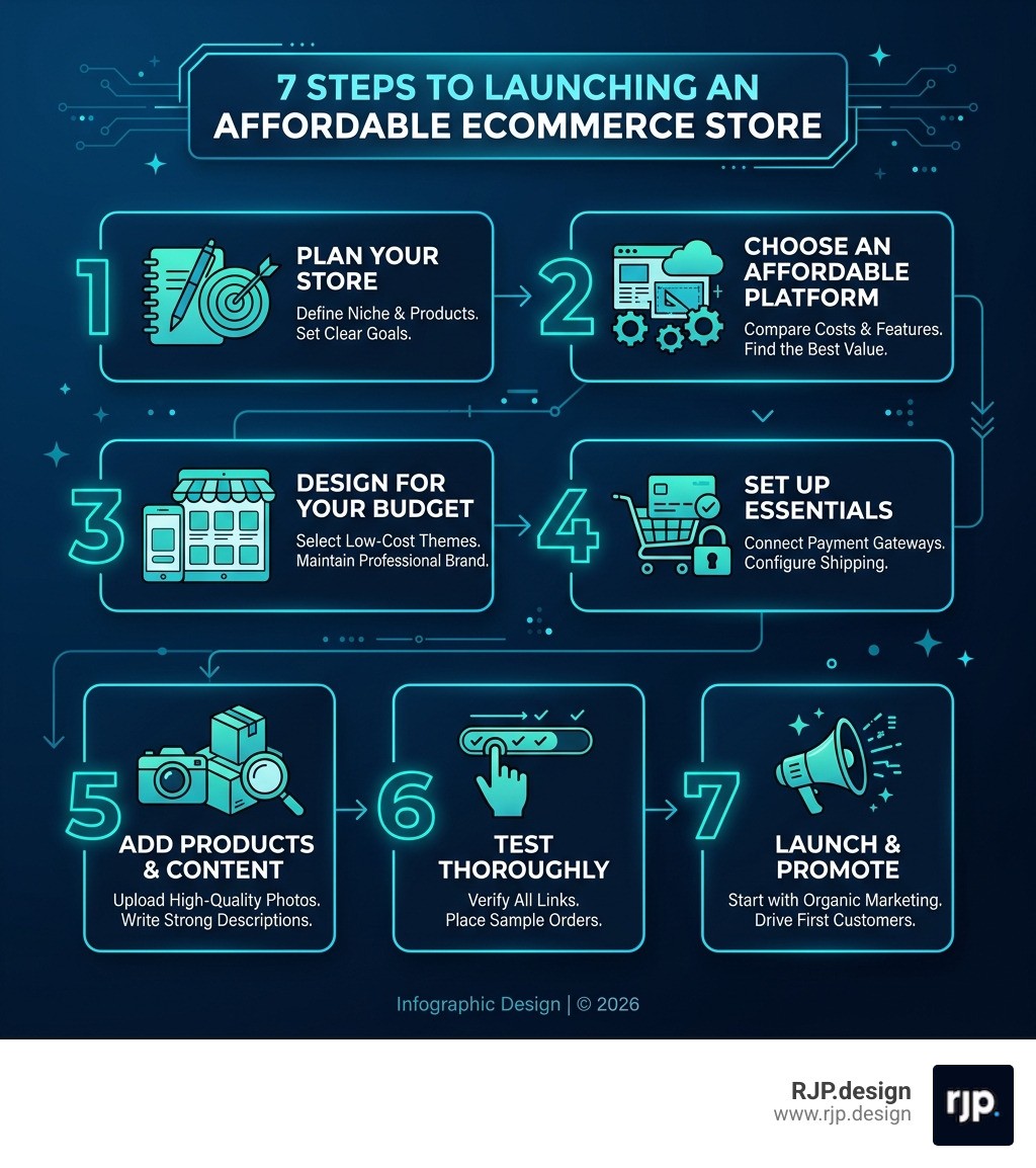 7 steps to launching an affordable ecommerce store infographic - affordable website design ecommerce solutions infographic 