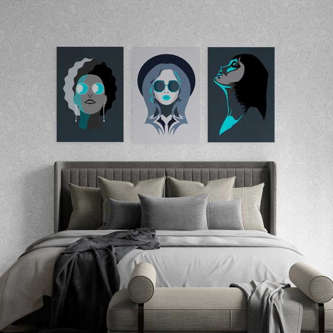 3 wall art prints on a bedroom wall