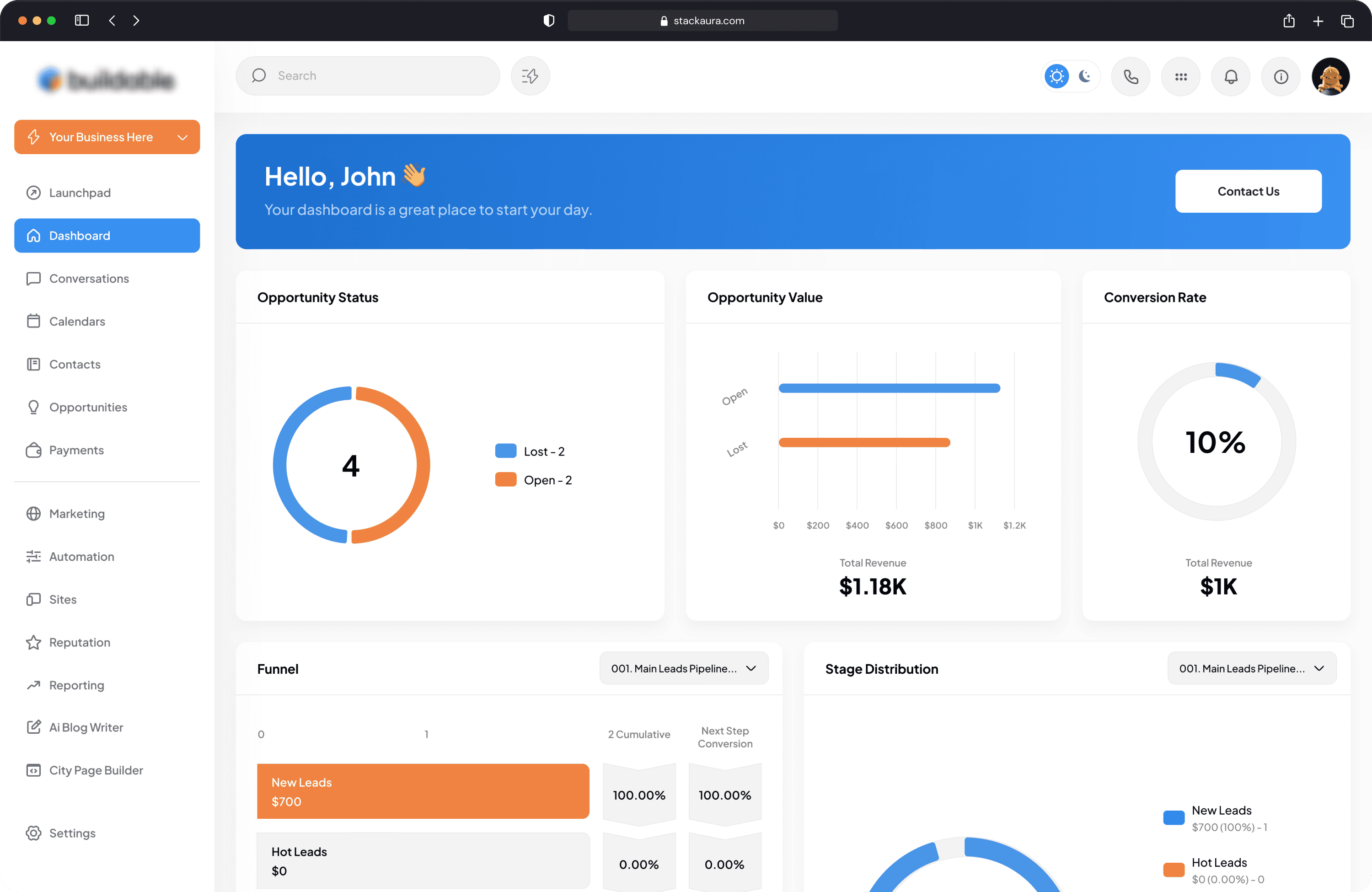Clean white GoHighLevel dashboard theme with orange CRM highlights and custom interface layout | StackAura