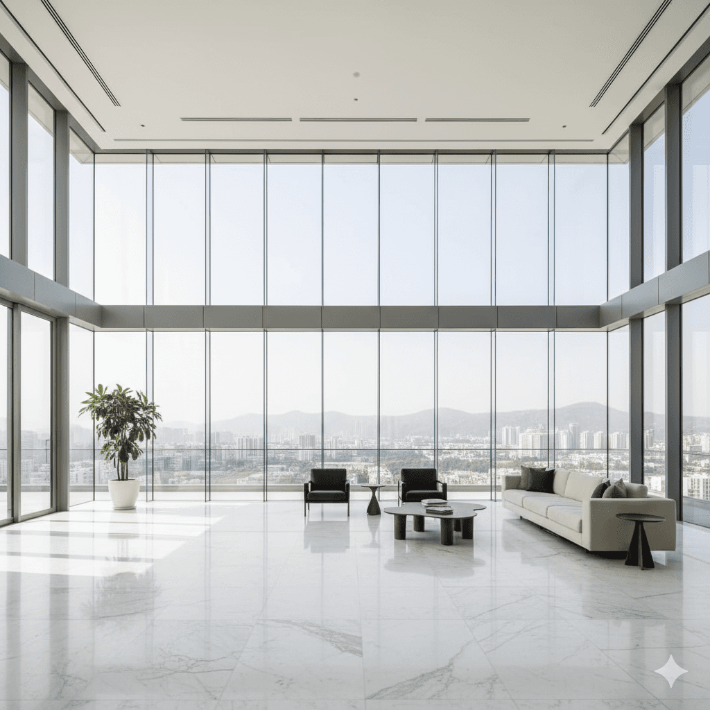Expansive high-ceiling living room with Italian marble and floor-to-ceiling windows in Edition luxury flat