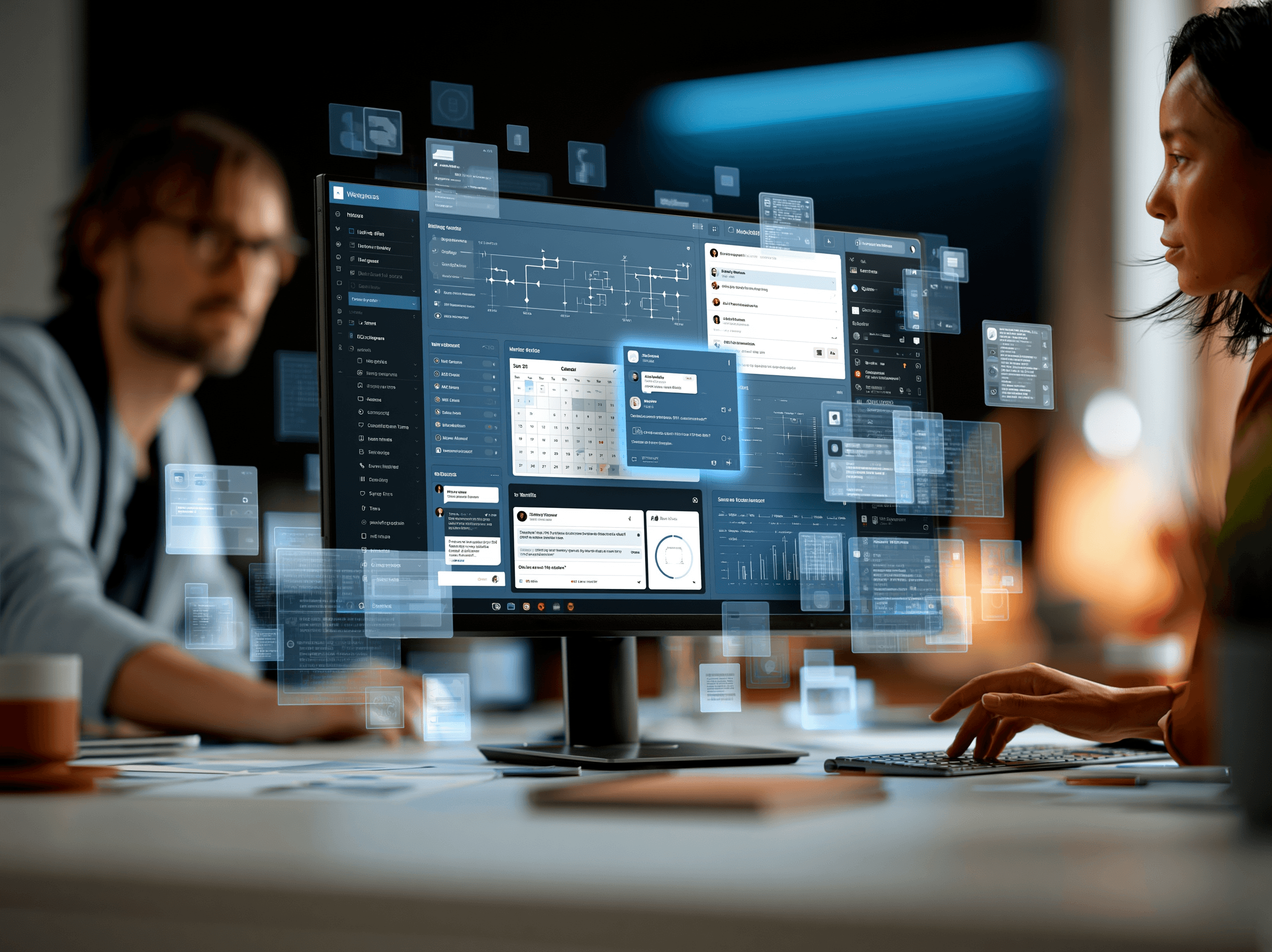 A futuristic minimalist workspace showing a single unified AI dashboard