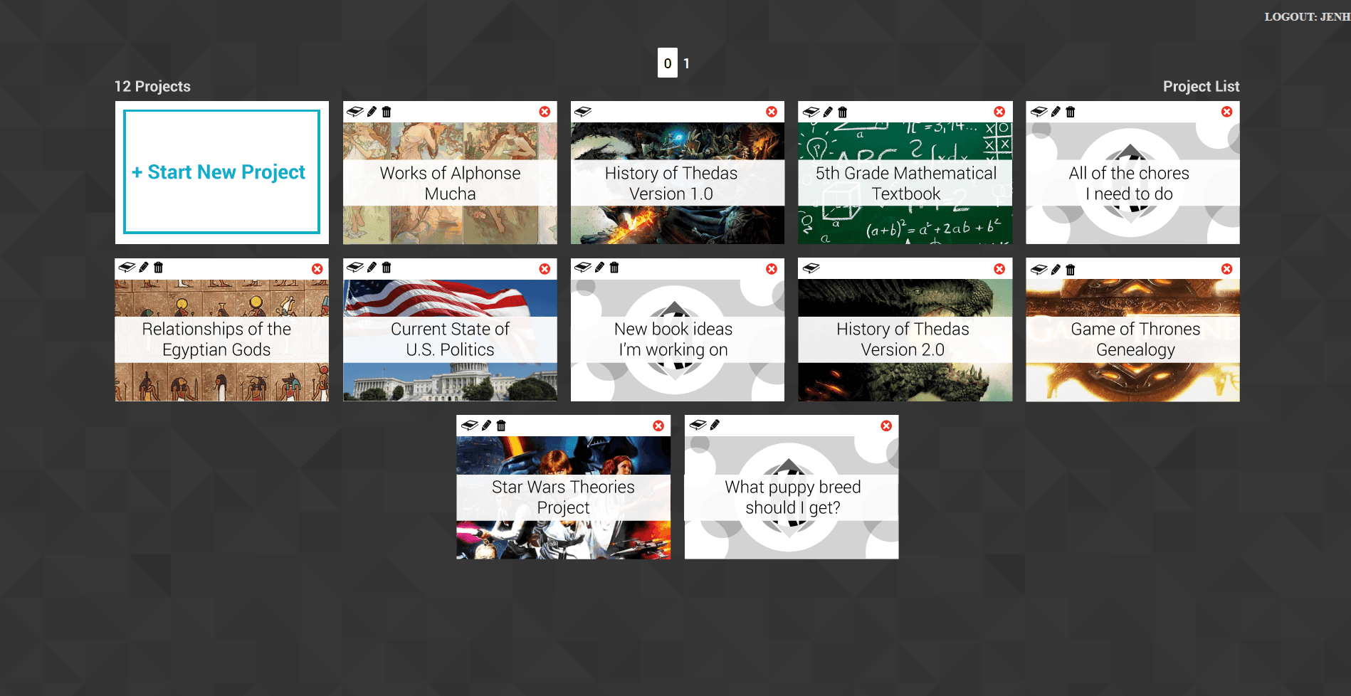Example of the project selection screen/library of the KiWorks application.