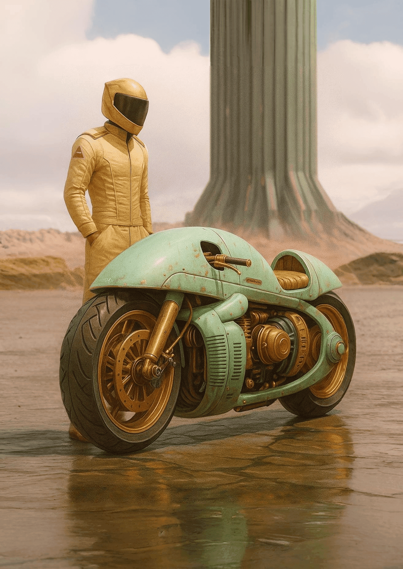 A rider in a yellow suit standing next to a retro-futuristic teal and bronze motorcycle