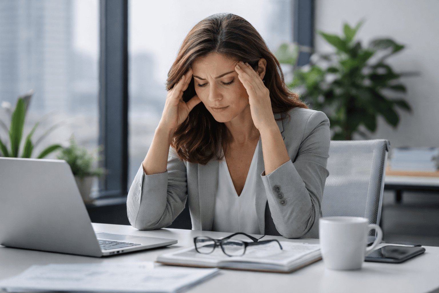 Frau sitzt erschöpft am Schreibtisch und hält sich die Schläfen neben Laptop und Unterlagen