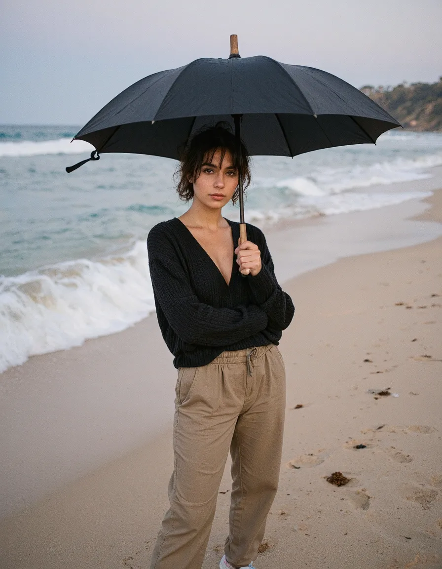 Atmospheric beach portrait with figure holding black umbrella against ocean backdrop, wearing black sweater and beige pants in moody lighting