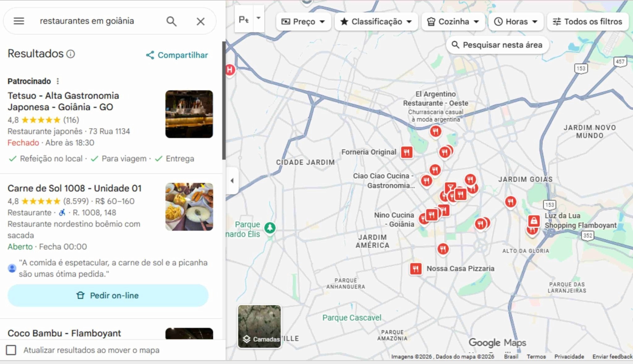 Tela do Google Maps com busca por “restaurantes em Goiânia”, mostra lista de estabelecimentos e mapa com vários marcadores de localização.