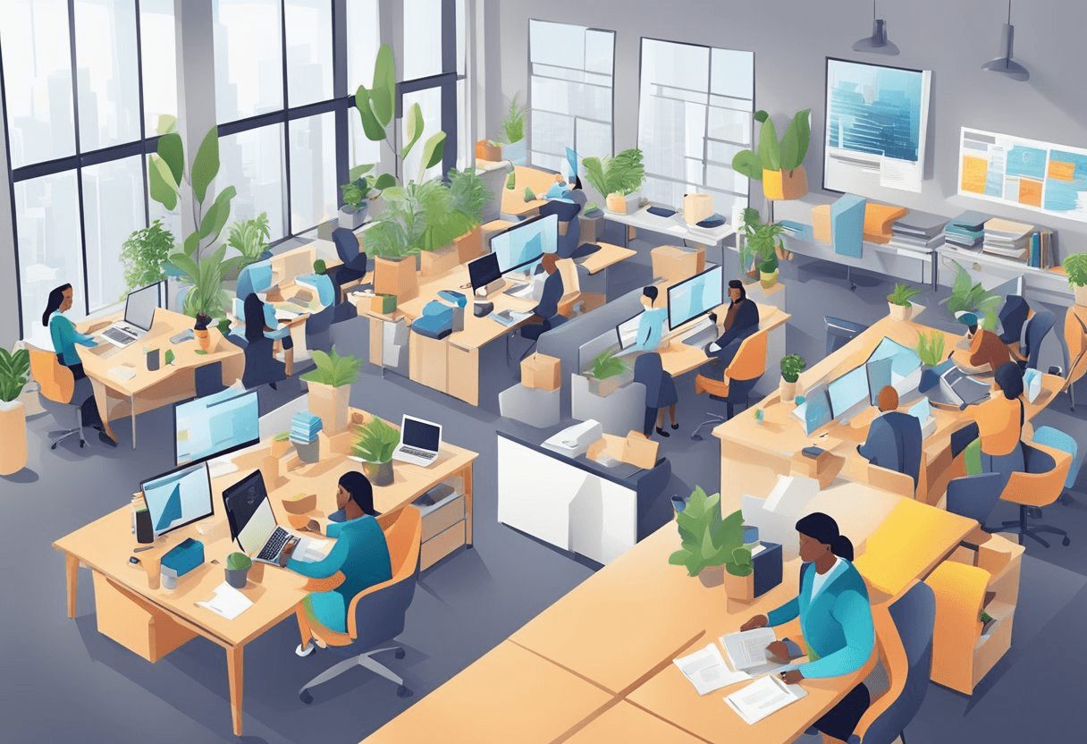 A bustling office with diverse workspaces, mentorship meetings, and collaborative projects. A structured program with clear goals and supportive HR leadership