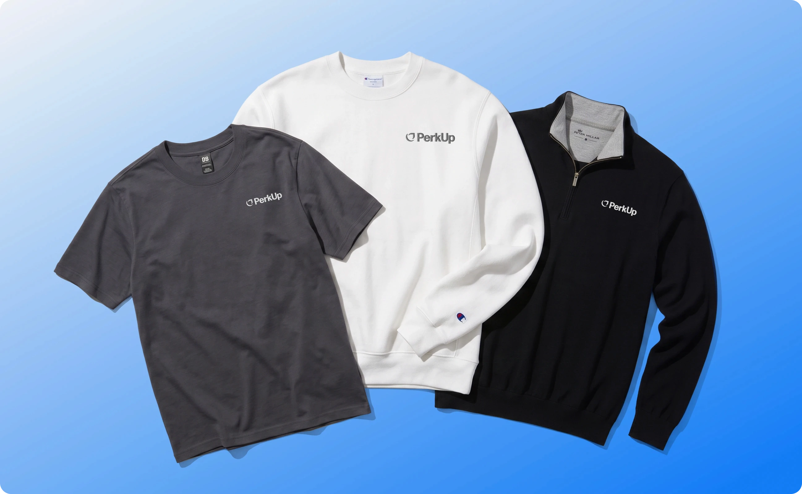 A t-shirt, a sweatshirt, and a jacket.