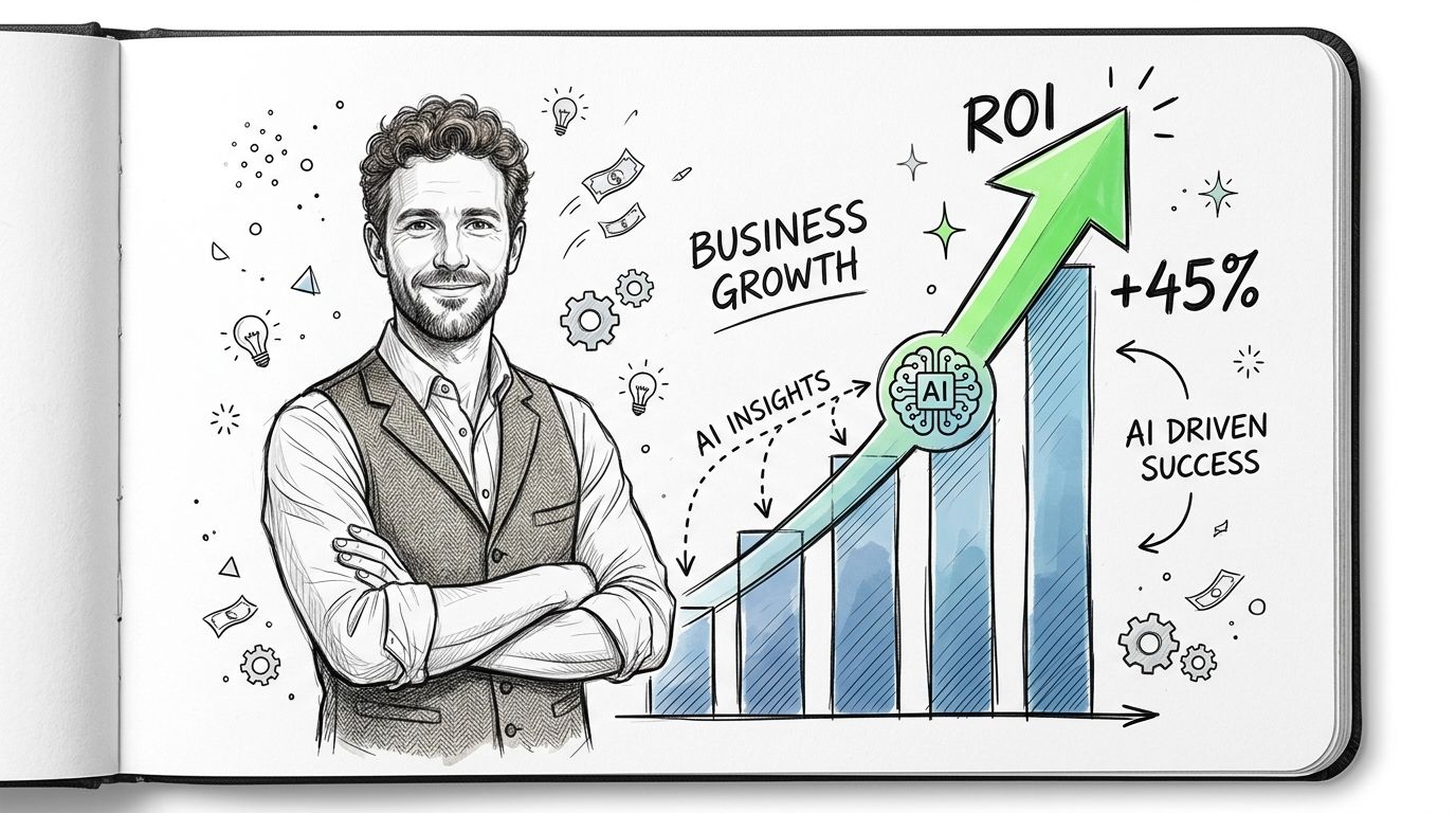 A professional man standing confidently next to a sketch illustrating business growth through AI-driven insights and ROI.