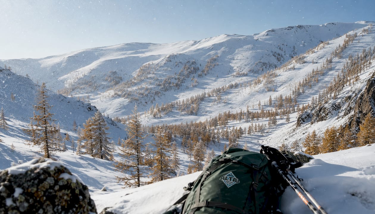Snow-covered mountain bowl and larch forest in the Altai Mountains