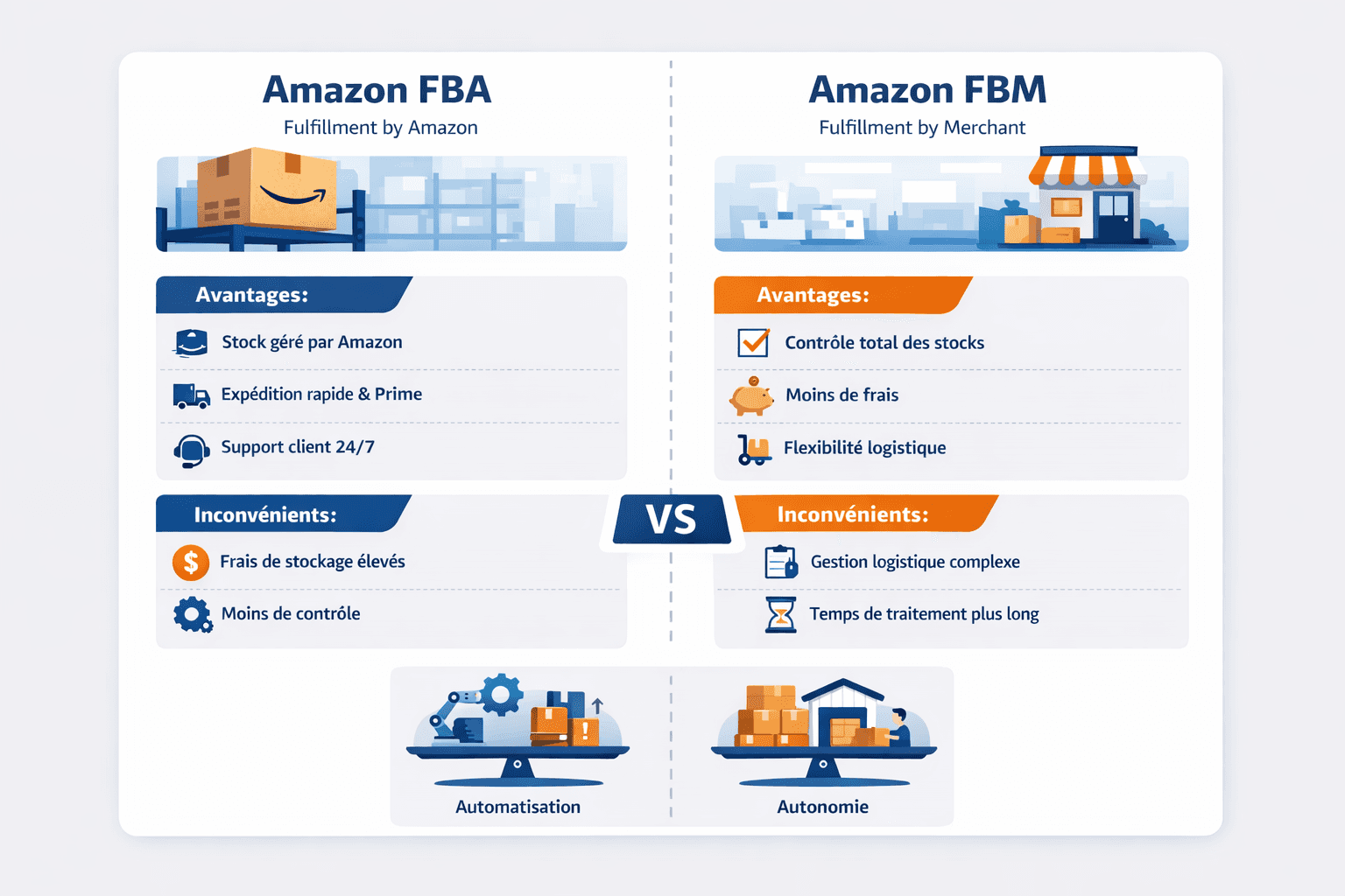 Schéma comparatif Amazon FBA vs FBM avec avantages et inconvénients