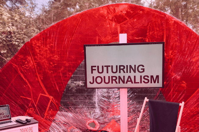 Schild des Workshops "Futures Journalism" auf der re:publica 2024