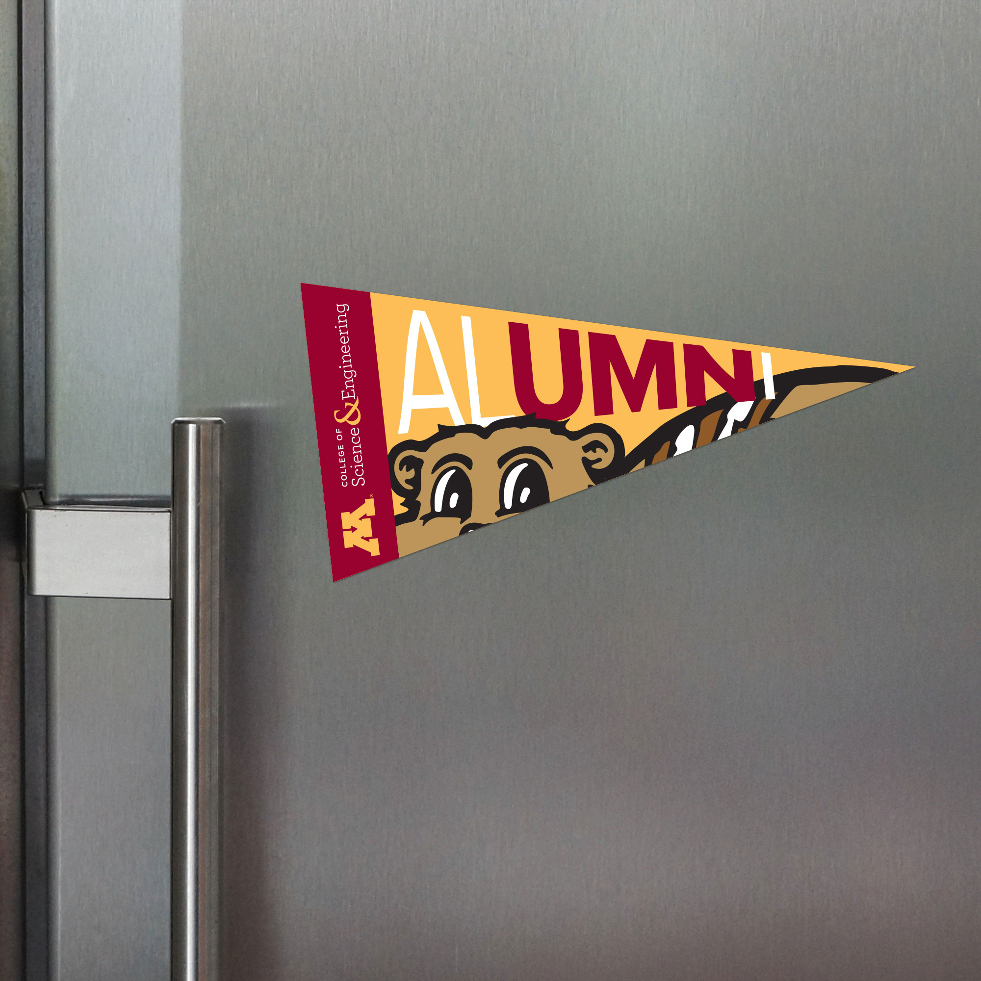 Pennant shaped magnet on a gray refrigerator door