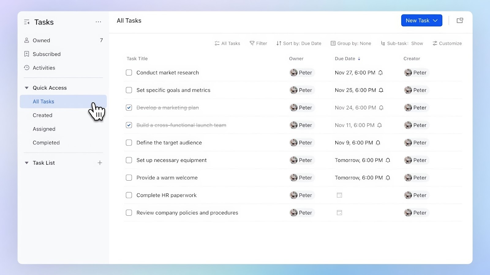 Lark's task list for managing project assignments