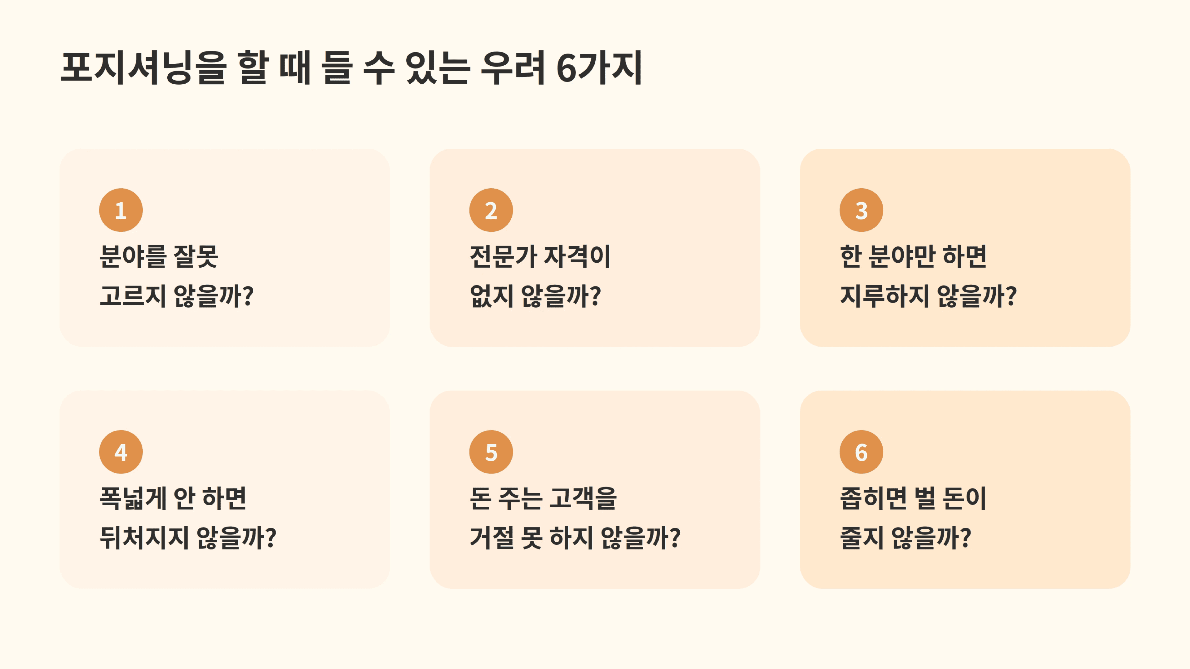 프리랜서가 포지셔닝을 할 때 드는 여섯 가지 우려를 분야를 잘못 고르지 않을까 자격이 없지 않을까 지루하지 않을까 뒤처지지 않을까 거절 못 하지 않을까 돈이 줄지 않을까라는 질문으로 정리한 장면.