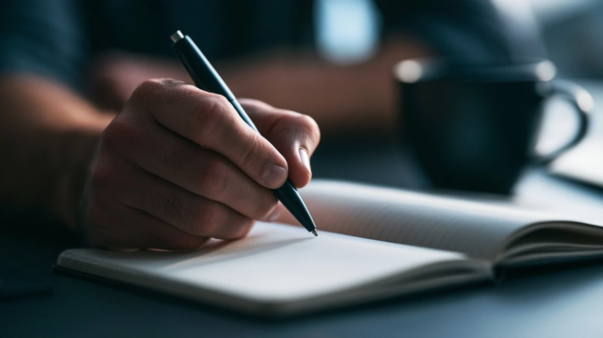 A short daily note written in an open notebook on a simple desk in morning light.