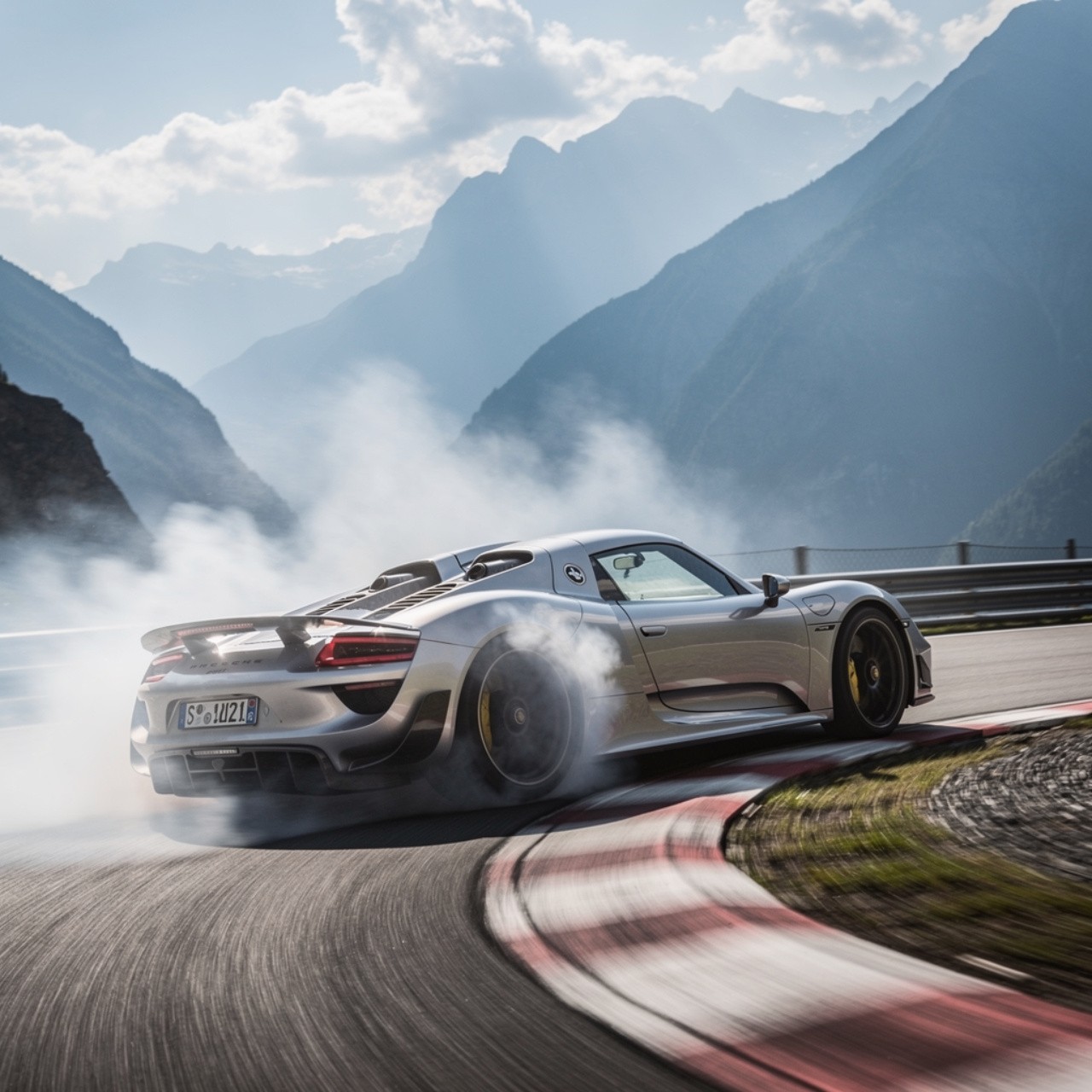 Silver sports car skidding on a racetrack, producing smoke. Majestic mountains and a bright sky in the background convey speed and thrill.