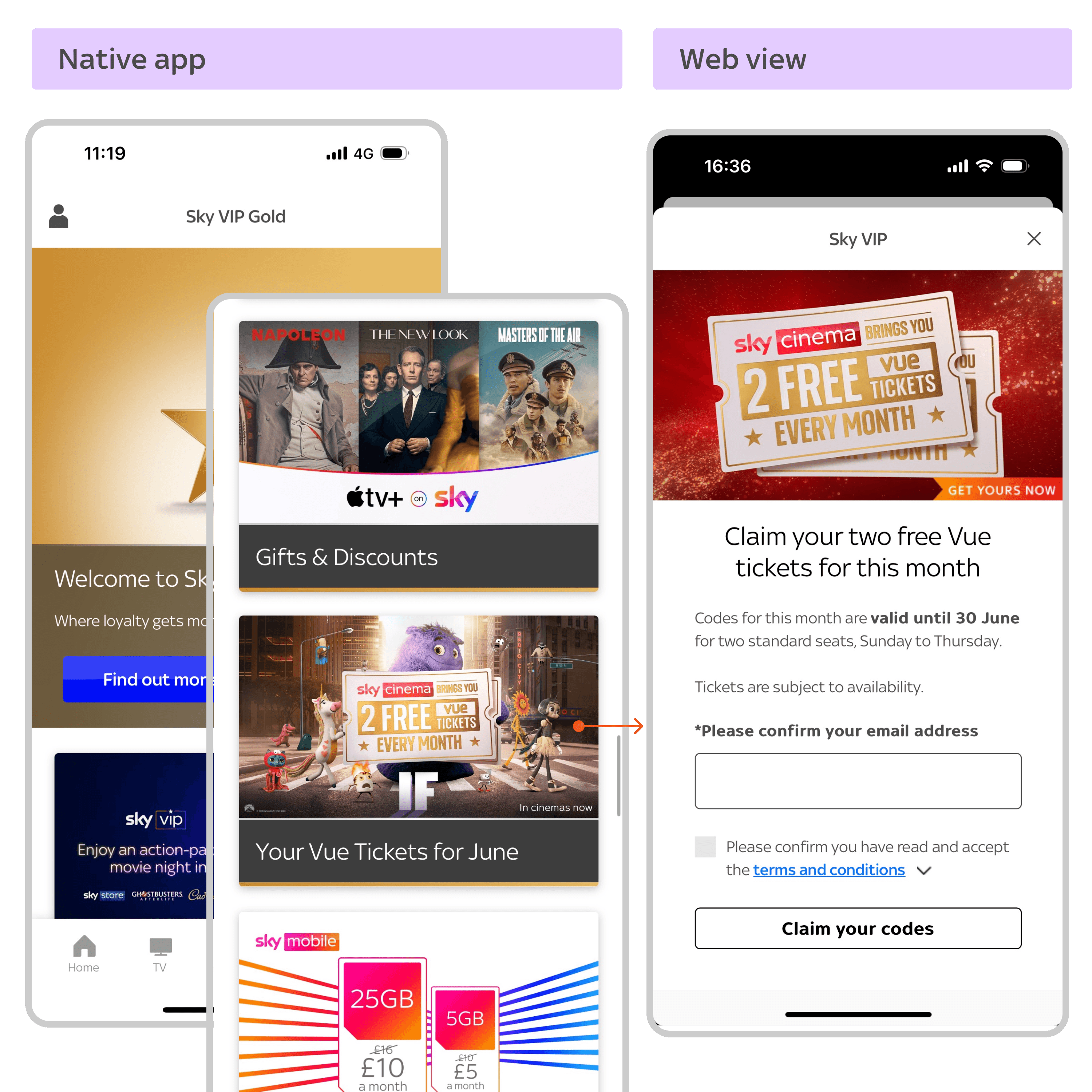 Images demonstrating app view and web view pages of the hub