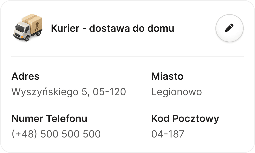 A UI delivery information card for home courier service. It displays a summary of the user's delivery details, including the street address in Legionowo, phone number, and postal code. The card features a clean layout with a small courier truck icon and a circular edit button in the top right corner