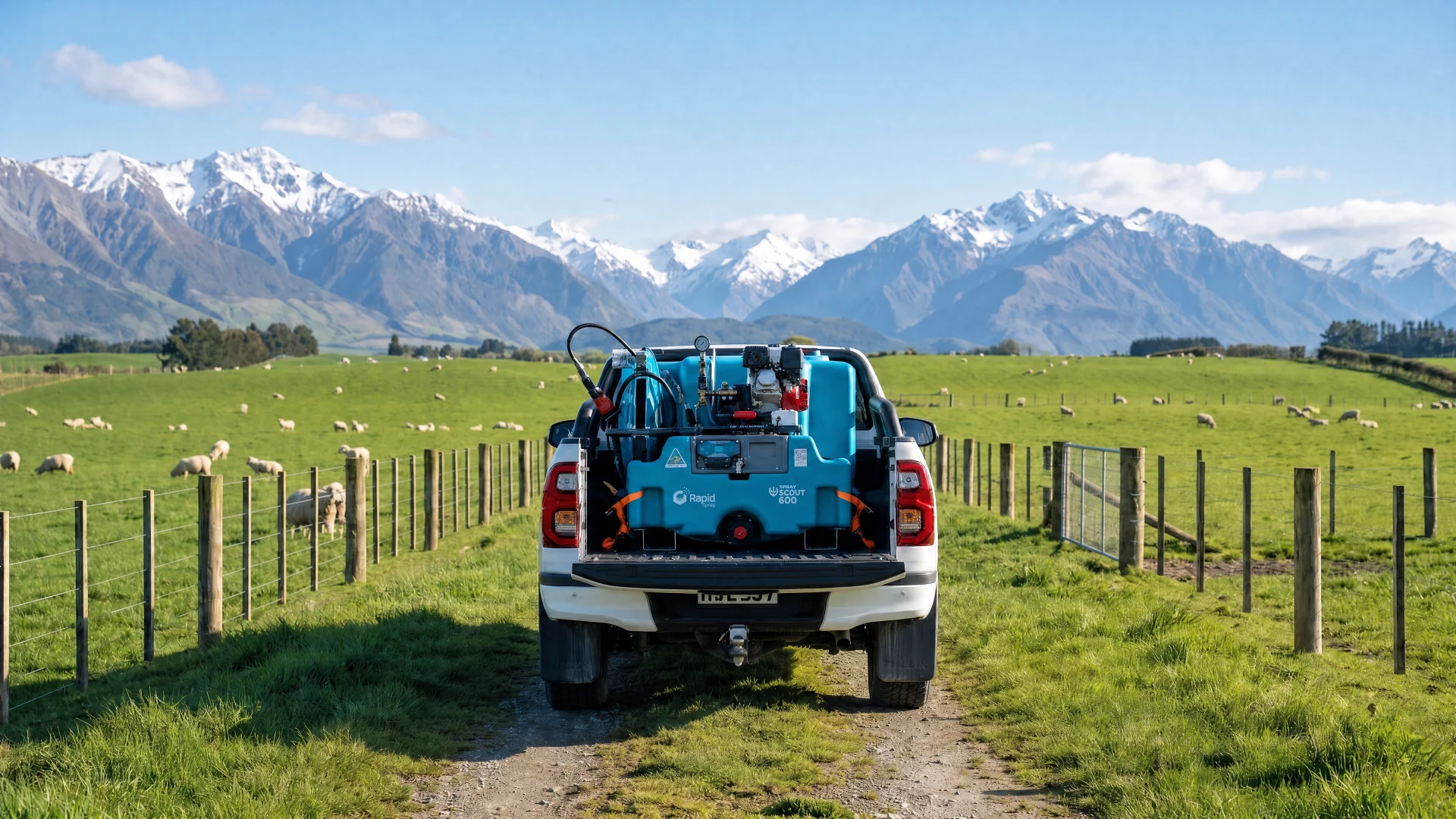 SprayScout sprayer mounted in the tray of a ute on New Zealand farmland